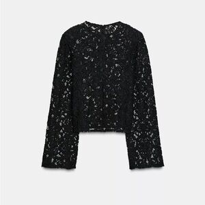 Zara Black Lace Long Sleeve Top – Sheer Floral Lace Blouse – Size Small – NWT